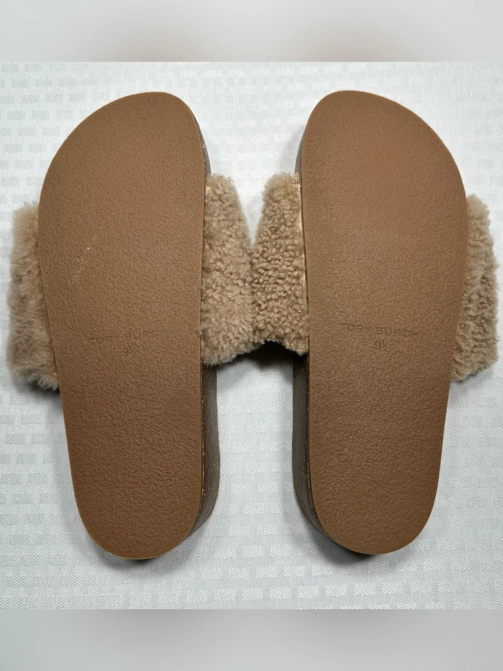 Tory Burch Slides Size 9.5 Double T Logo Shearling Flatform Almond Sherpa Cork